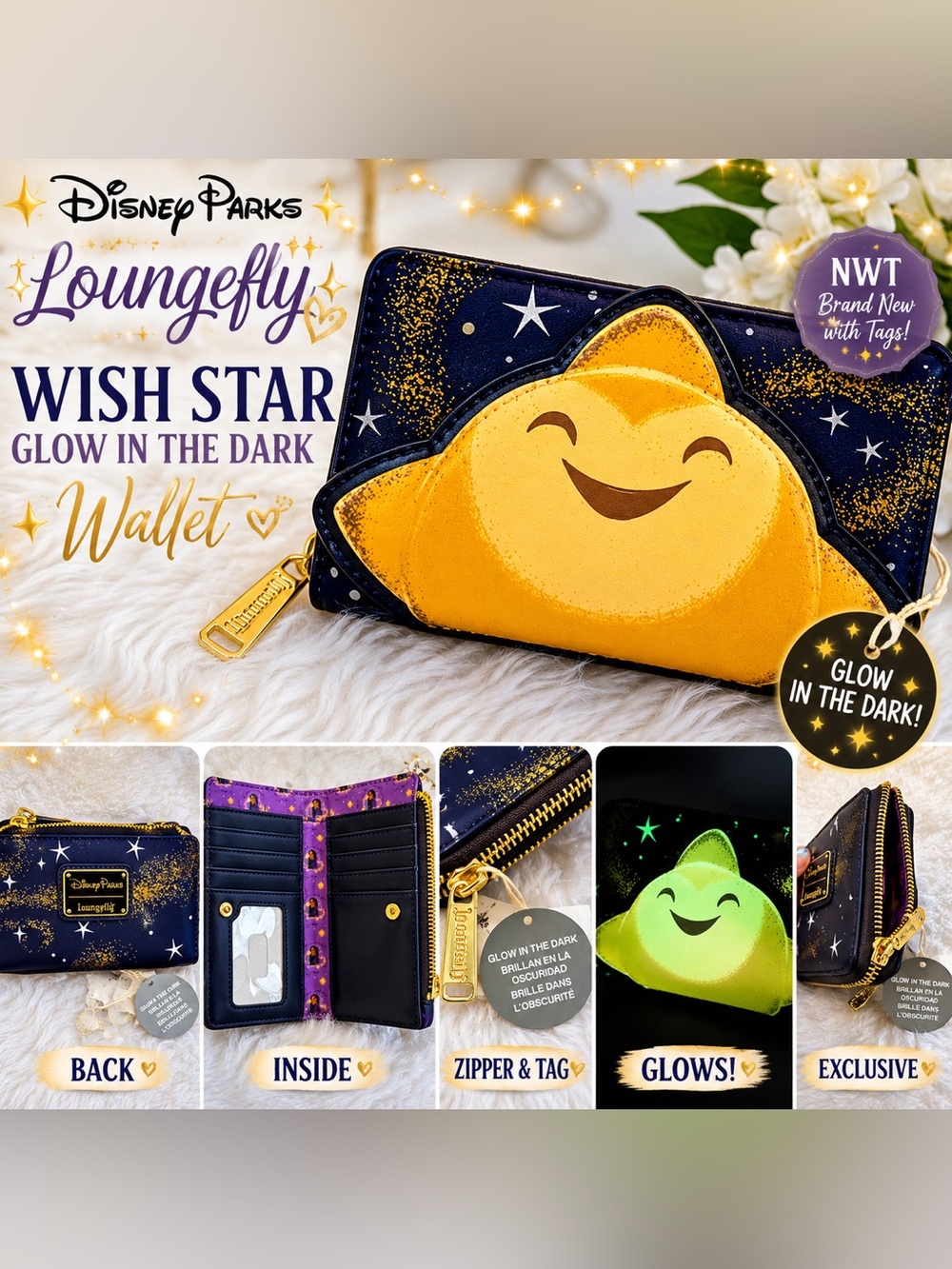 NWT Disney Parks Loungefly Wish Star Glow In The Dark Wallet Disney‎ Exclusive